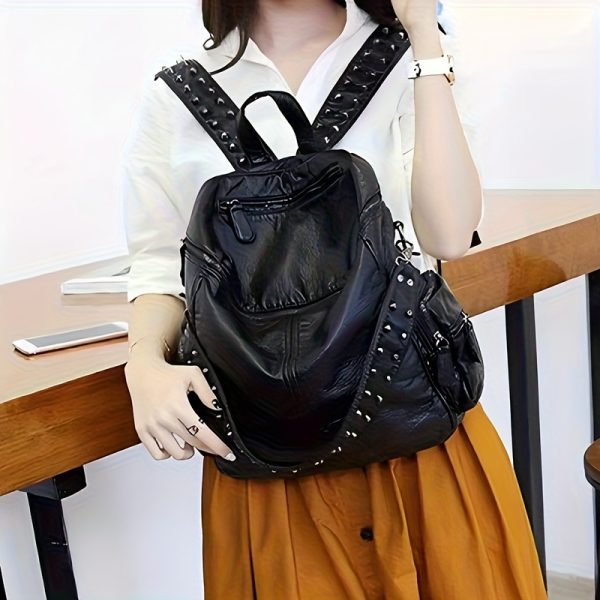 Fashionable Large-Capacity Women's Soft Synthetic Leather Backpack with Rivets, Single-Shoulder Large Backpack