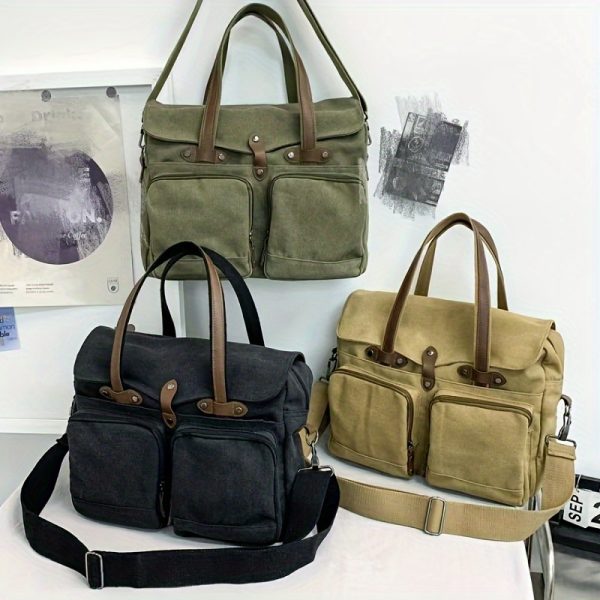 Large Capacity Men'S Fashionable And Elegant Tote Canvas Bag, Multi-Functional Multi-Pocket Scientific Storage Crossbody Bag, Exquisite Workmanship, Reasonable Internal Partitions, Suitable for Commuting to School, Going Out, And Short Trips