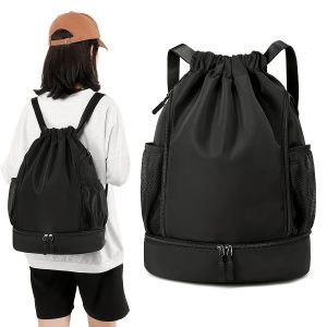 1pc High Quality Nylon Drawstring Backpack - Lightweight Sporty Unisex Gym Bag with Multiple Pockets for Basketball, School, Beach & Outdoor Activities (Black Khaki Gray Pink), Sports Storage Solution | Sleek Texture Finish, Sports Bag - Image 2