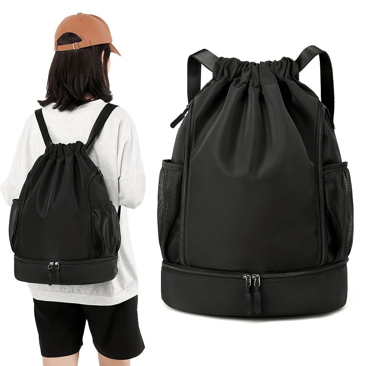 1pc High Quality Nylon Drawstring Backpack - Lightweight Sporty Unisex Gym Bag with Multiple Pockets for Basketball, School, Beach & Outdoor Activities (Black Khaki Gray Pink), Sports Storage Solution | Sleek Texture Finish, Sports Bag - Image 2