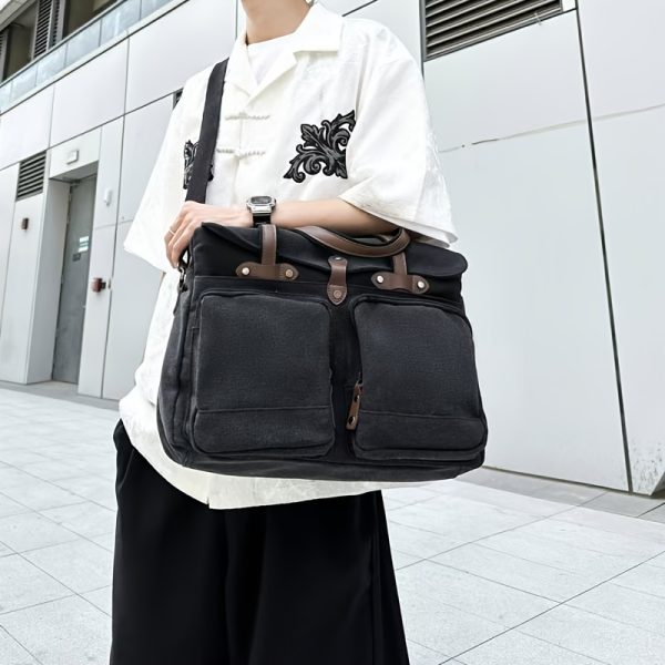 Large Capacity Men'S Fashionable And Elegant Tote Canvas Bag, Multi-Functional Multi-Pocket Scientific Storage Crossbody Bag, Exquisite Workmanship, Reasonable Internal Partitions, Suitable for Commuting to School, Going Out, And Short Trips