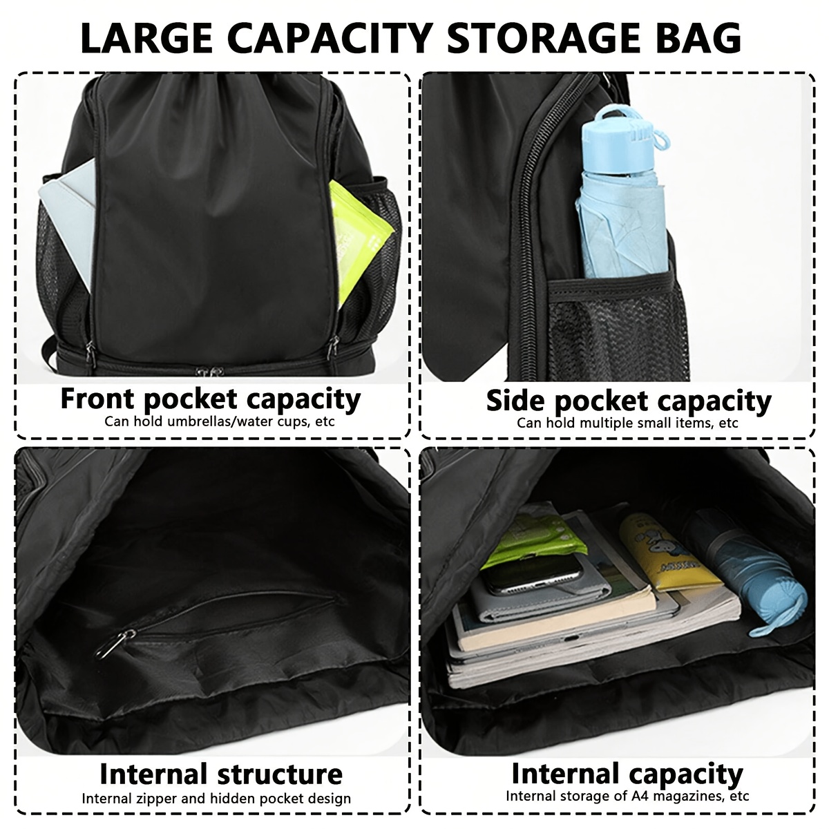 1pc High Quality Nylon Drawstring Backpack - Lightweight Sporty Unisex Gym Bag with Multiple Pockets for Basketball, School, Beach & Outdoor Activities (Black Khaki Gray Pink), Sports Storage Solution | Sleek Texture Finish, Sports Bag - Image 7