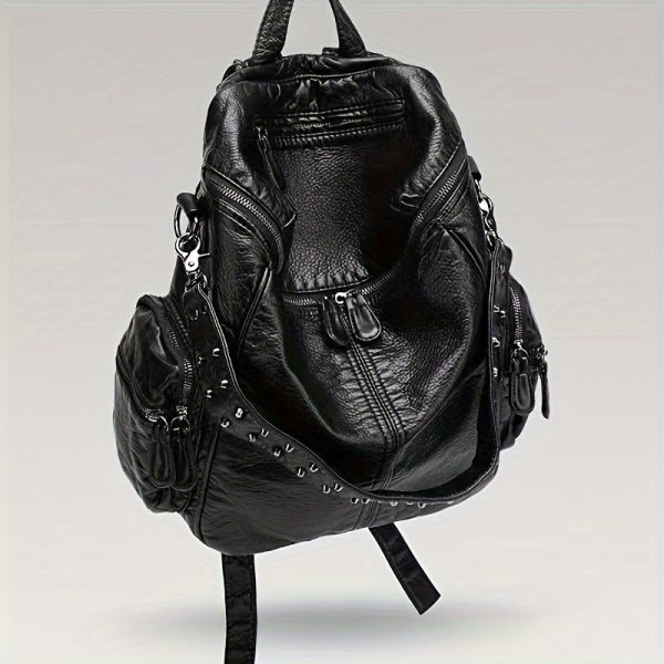 Fashionable Large-Capacity Women's Soft Synthetic Leather Backpack with Rivets, Single-Shoulder Large Backpack
