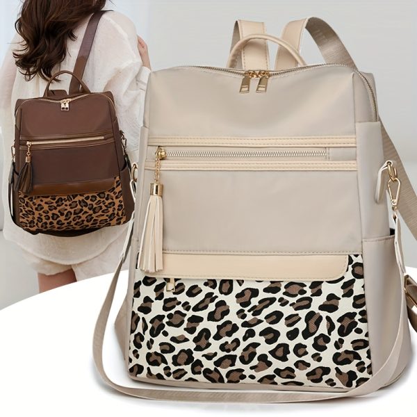 Simple, Stylish, and Lightweight Multi-purpose Leopard Print Women's Backpack, Large Capacity, Versatile Casual Oxford Cloth Leisure Bag