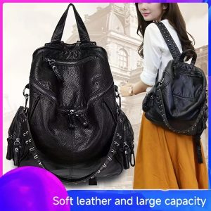 Fashionable Large-Capacity Women's Soft Synthetic Leather Backpack with Rivets, Single-Shoulder Large Backpack - Image 5