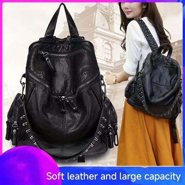 Fashionable Large-Capacity Women's Soft Synthetic Leather Backpack with Rivets, Single-Shoulder Large Backpack