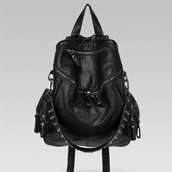 Fashionable Large-Capacity Women's Soft Synthetic Leather Backpack with Rivets, Single-Shoulder Large Backpack
