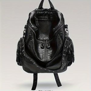 Fashionable Large-Capacity Women's Soft Synthetic Leather Backpack with Rivets, Single-Shoulder Large Backpack - Image 7