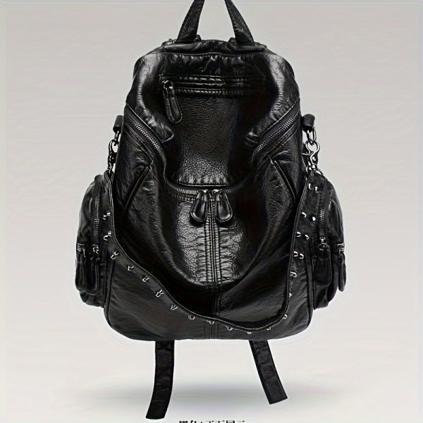 Fashionable Large-Capacity Women's Soft Synthetic Leather Backpack with Rivets, Single-Shoulder Large Backpack