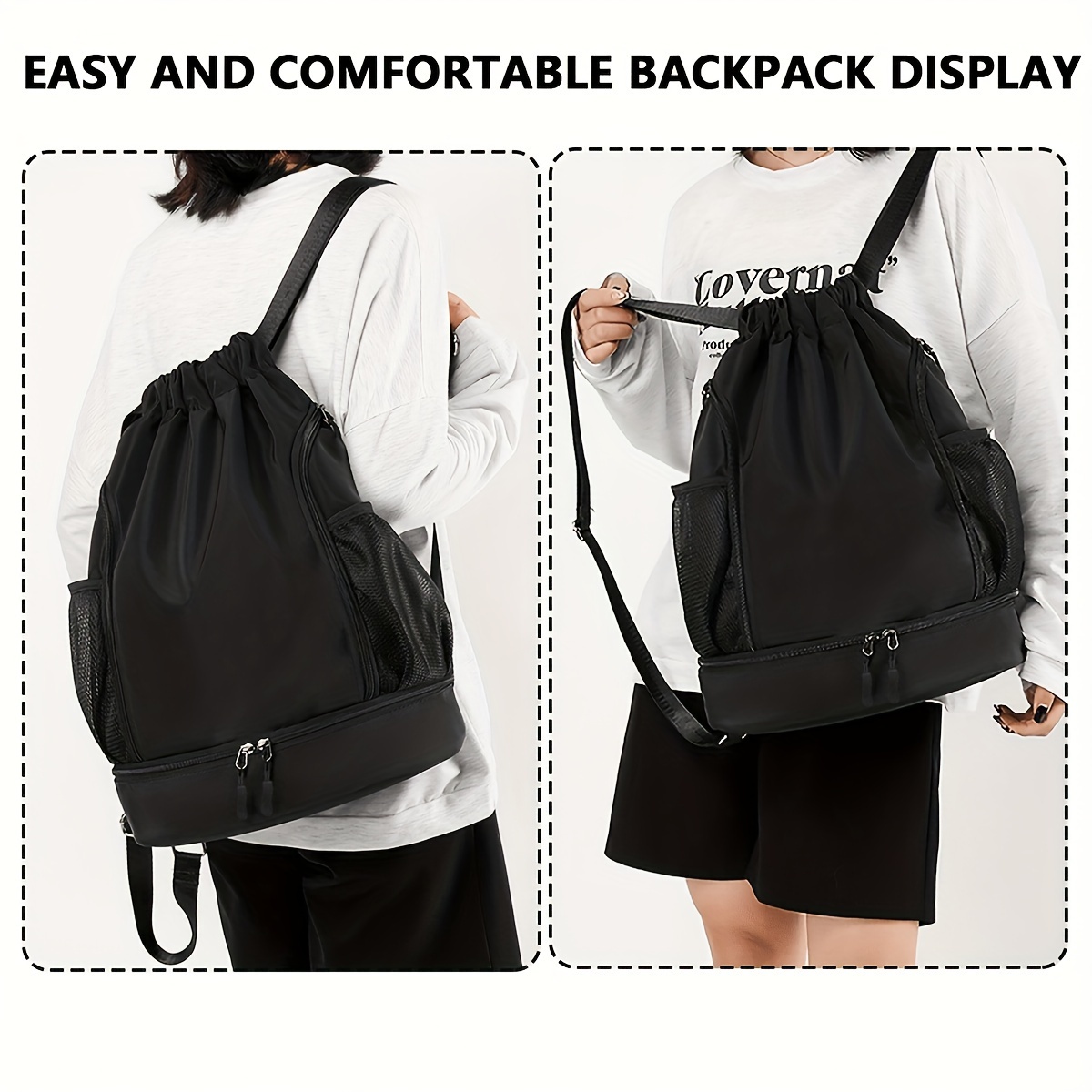 1pc High Quality Nylon Drawstring Backpack - Lightweight Sporty Unisex Gym Bag with Multiple Pockets for Basketball, School, Beach & Outdoor Activities (Black Khaki Gray Pink), Sports Storage Solution | Sleek Texture Finish, Sports Bag - Image 1