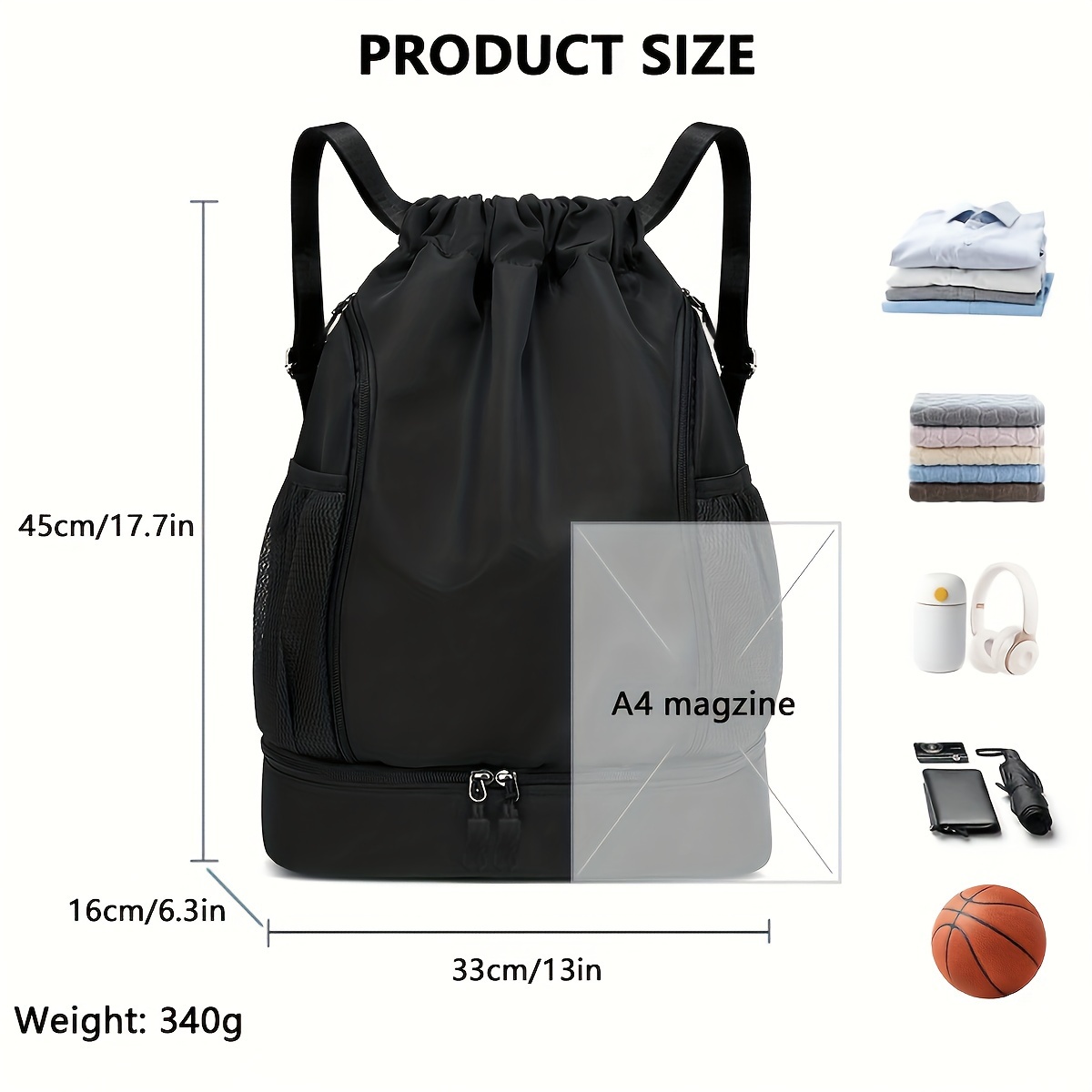 1pc High Quality Nylon Drawstring Backpack - Lightweight Sporty Unisex Gym Bag with Multiple Pockets for Basketball, School, Beach & Outdoor Activities (Black Khaki Gray Pink), Sports Storage Solution | Sleek Texture Finish, Sports Bag - Image 6