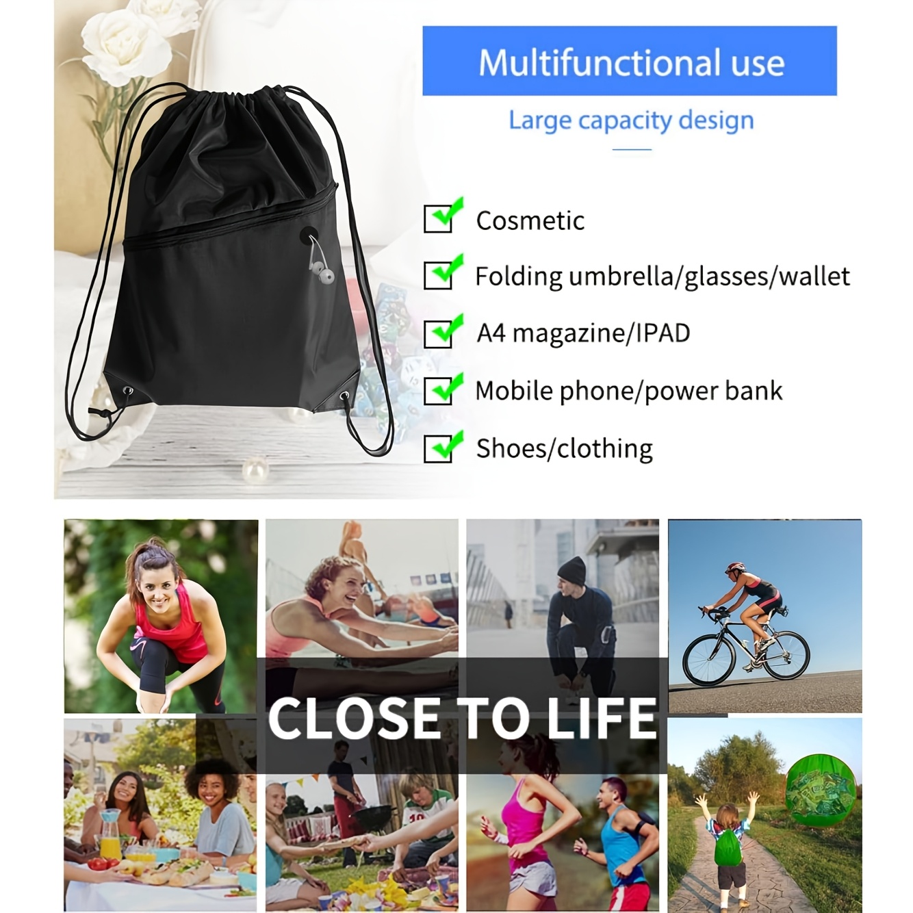 1pc Multifunctional Drawstring Pouch Large Capacity Lightweight Backpack Foldable Storage Bag Wear-Resistant Nylon Beach Vacation Beach Swimming Portable Storage Bag Sports Fitness  Swimming  Outdoor  Travel Universal Backpack - Image 9