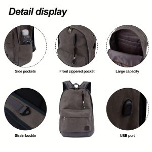 1pc Leisure Commuting Backpack Canvas Large Capacity Computer Backpack Black Grey Coffee European and American Middle and High School Students Backpacks, for Teenager - Image 6