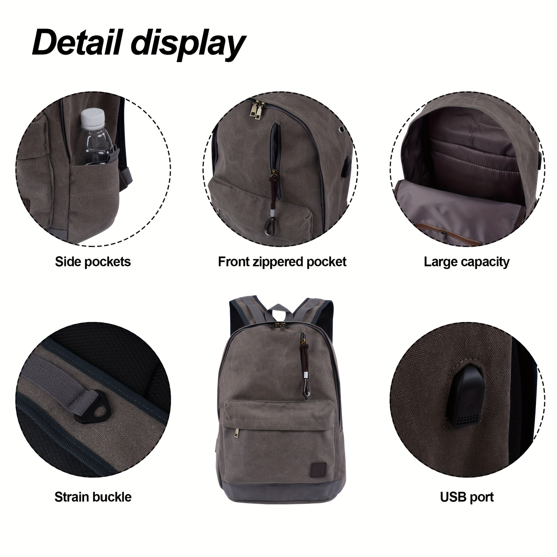 1pc Leisure Commuting Backpack Canvas Large Capacity Computer Backpack Black Grey Coffee European and American Middle and High School Students Backpacks, for Teenager - Image 6