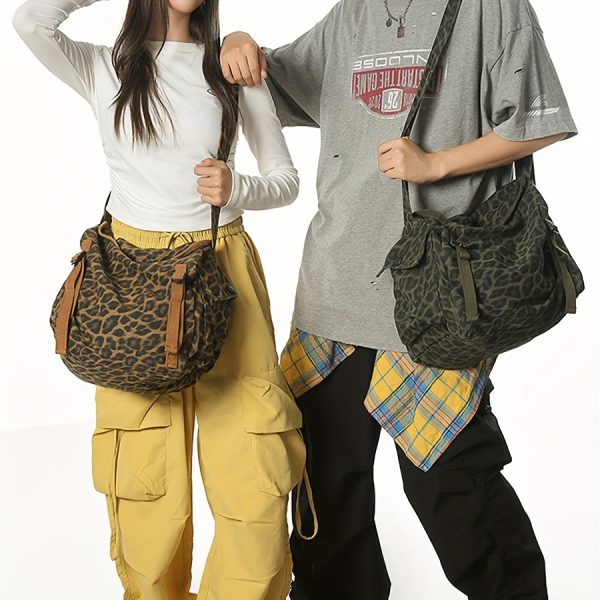 Vintage Camouflage Canvas Bag | Korean Style Work Tote | Large Capacity Crossbody Bag | Leopard Print Shoulder Bag