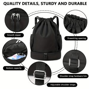 1pc High Quality Nylon Drawstring Backpack - Lightweight Sporty Unisex Gym Bag with Multiple Pockets for Basketball, School, Beach & Outdoor Activities (Black Khaki Gray Pink), Sports Storage Solution | Sleek Texture Finish, Sports Bag - Image 3