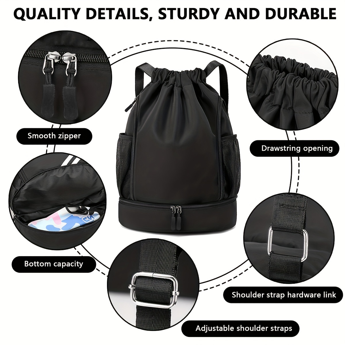 1pc High Quality Nylon Drawstring Backpack - Lightweight Sporty Unisex Gym Bag with Multiple Pockets for Basketball, School, Beach & Outdoor Activities (Black Khaki Gray Pink), Sports Storage Solution | Sleek Texture Finish, Sports Bag - Image 3