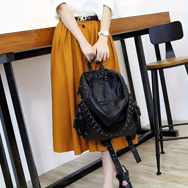 Fashionable Large-Capacity Women's Soft Synthetic Leather Backpack with Rivets, Single-Shoulder Large Backpack